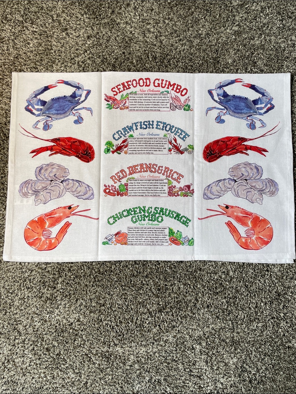 NWOT Recipe Seafood Themed Kitchen Towel - Colorful Crab & Shrimp Prints